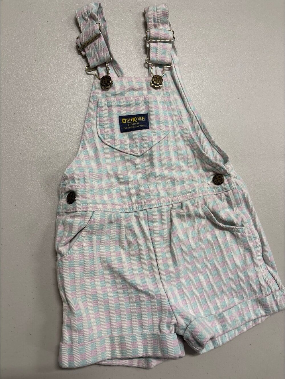 Vintage OshKosh B’gosh Girls 4T Pastel Plaid Shortalls Overalls Cuffed Legs
